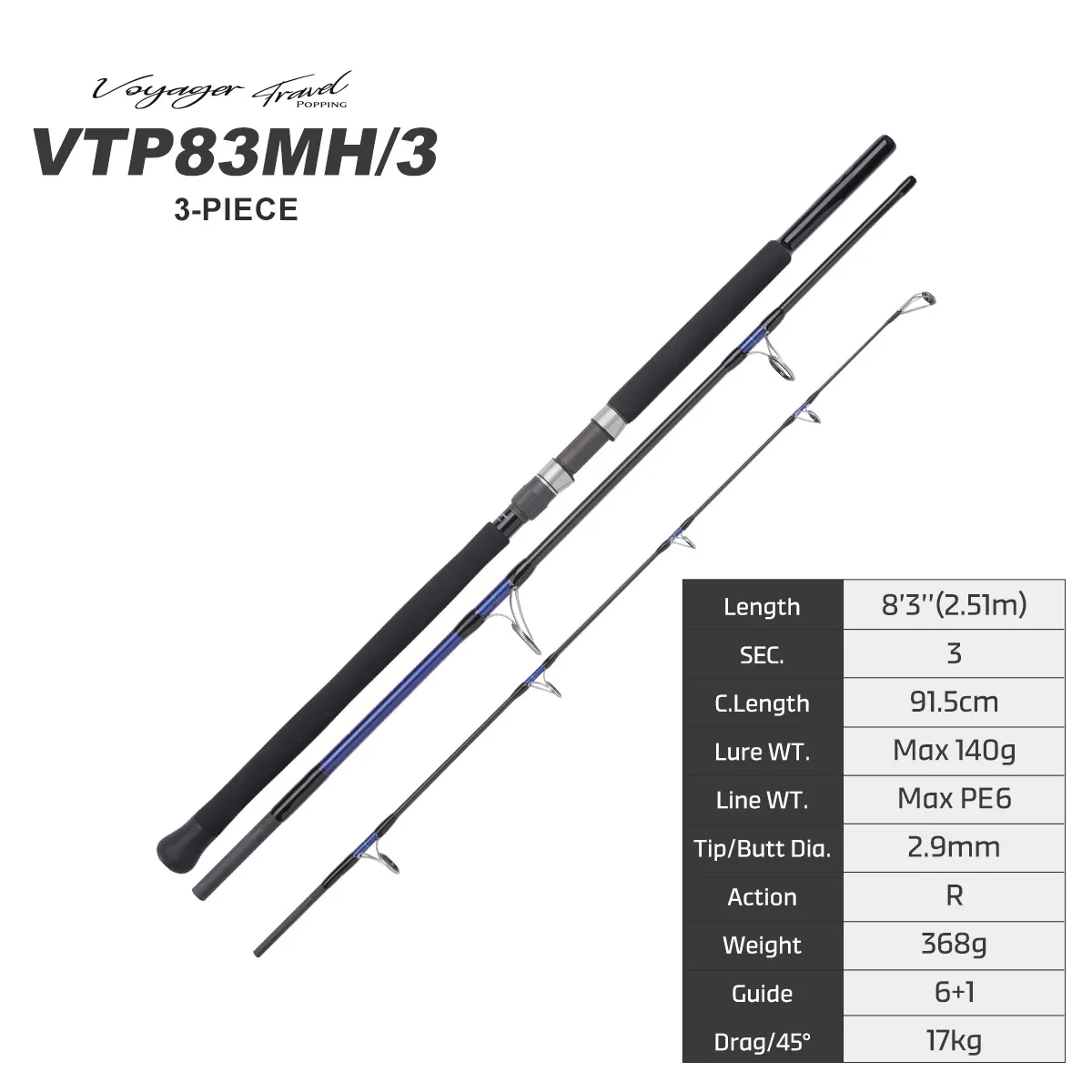Noeby 3 Sections Voyager Travel Popping Fishing Rod 2.49m Fuji