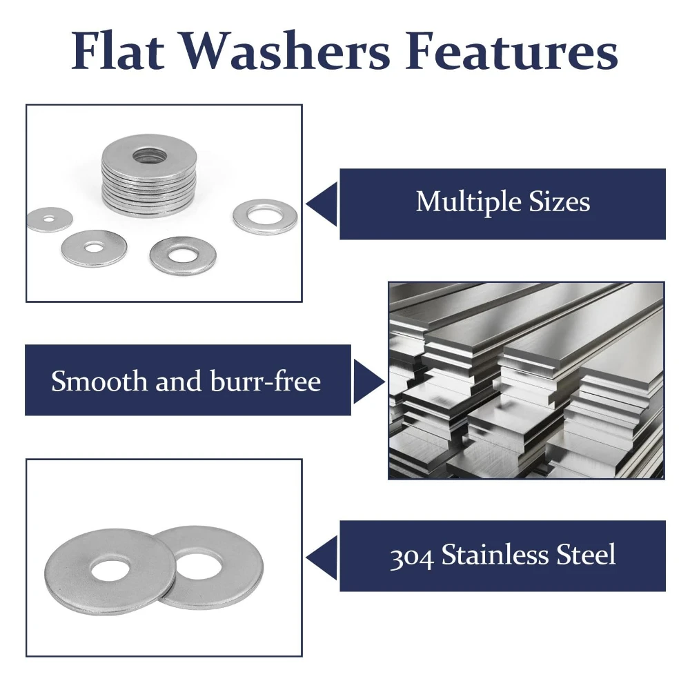 290pcs 304 Stainless Steel Rings Gasket Metal Large Flat Gasket Washer M3 M4 M5 M6 M8 M10 M12 Round Flat  Washers Fasteners