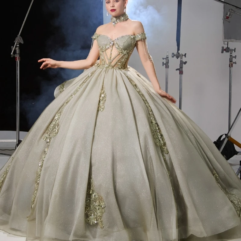 

Olive Green shiny Quinceanera Dresses Off The Shoulder Applique Lace Beads Tull Corset Party Birthday Sweet 16 Dress Vestidos 15