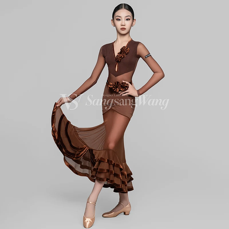 Vestido de baile latino para niños, ropa de baile de salón para niñas, ropa de competición con cuello en V, Tops, falda, ropa de práctica, disfraz de espectáculo DNV20169