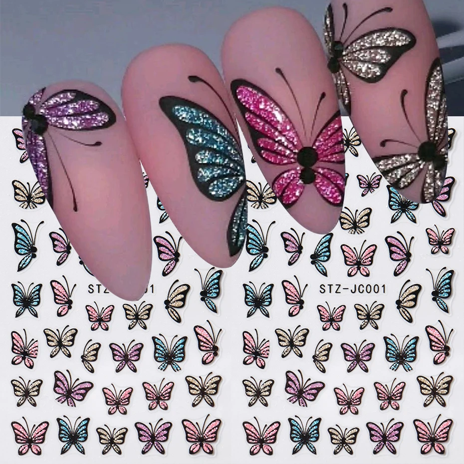 Glitter Butterfly Nail Stickers Decals Charm 3D Shiny Blue Pink Design Self Adhesive Sliders Nail Art Foils Manicure Decorations