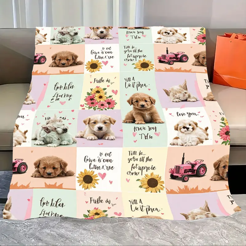 

1pc Flannel Blanket Cute Puppy Love Quotes Blanket with Sunflowers and Tractors for Cozy Nights