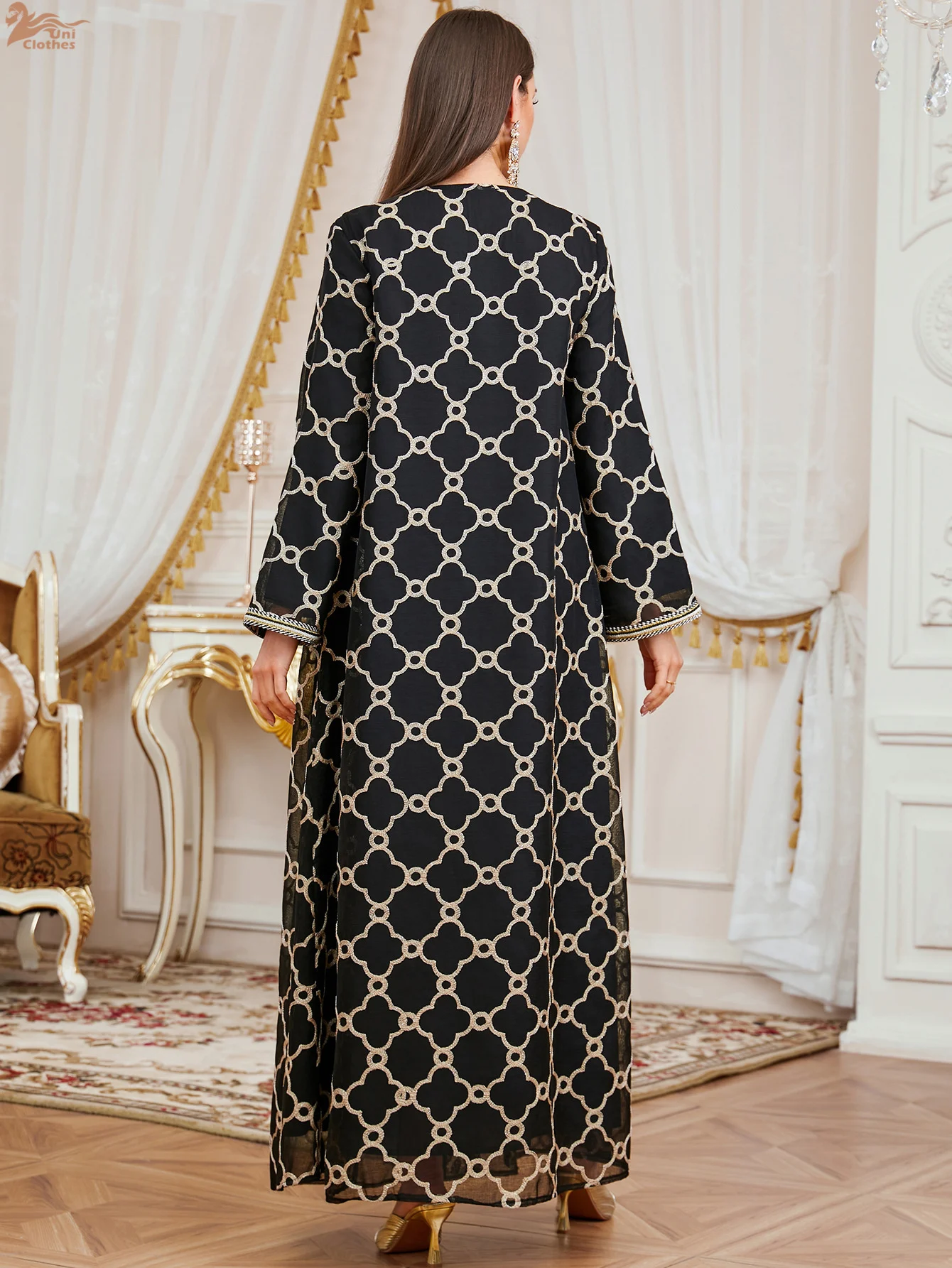 Uni Marokkaanse Vrouwen Bloemen Borduren Guipure Jurk O-hals Maxi Abaya Moslim Luxe Vrouwen Abaya