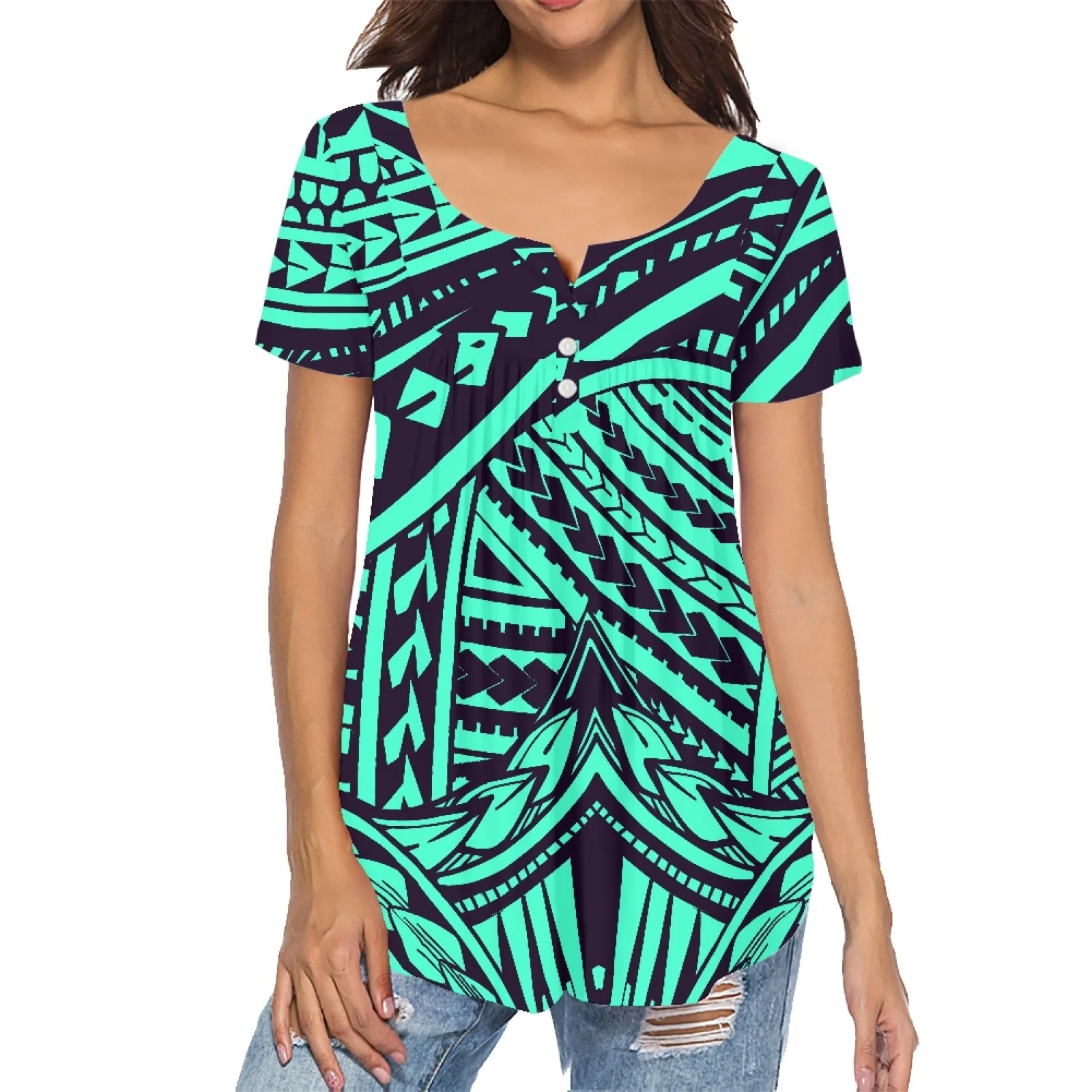 

Polynesia Tribe Women Clothing Samoa 2023 Summer Girls Shirts Fashion Tattoo Printing Short Sleeve V-neck Casual Women T-Shirts