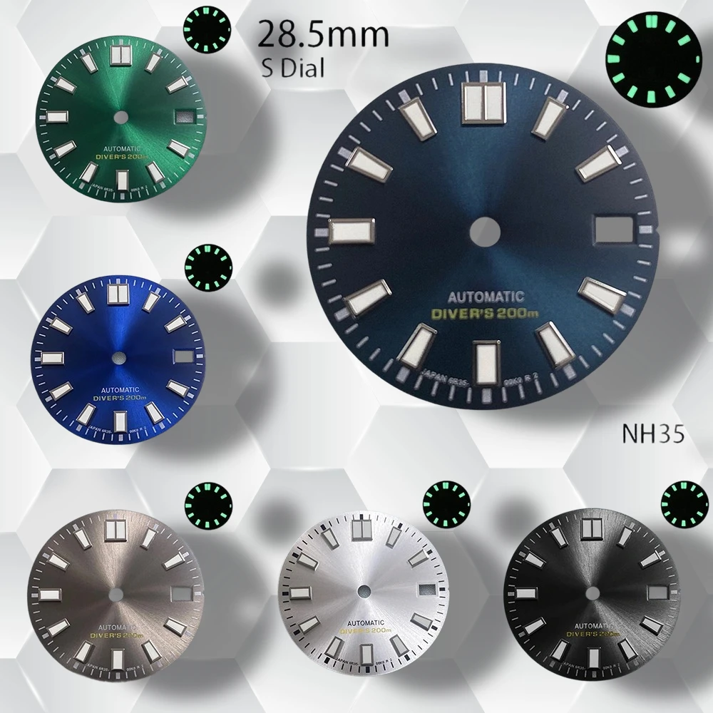 

28.5mm S Logo Sunburst Dial Suitable for NH35/NH36 Japan Movement C3 Green Luminous High-Quality Watch Modification Accessories