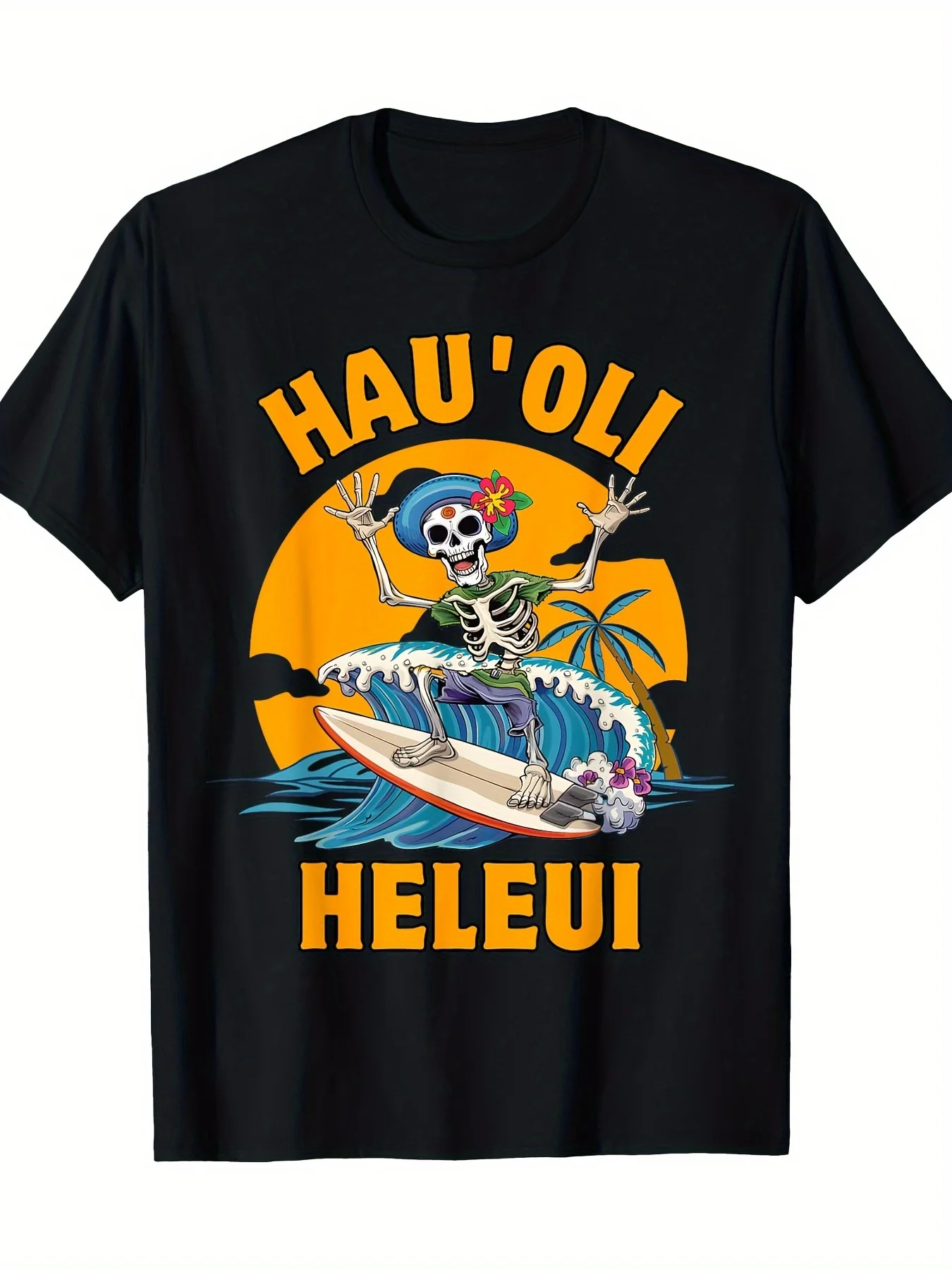 Hawaiian Skeleton Surfing Halloween Hawaii T-Shirt 220g 100% Cotton T-Shirt