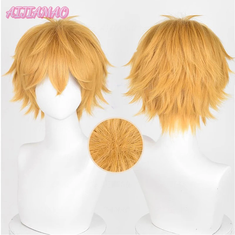 Akihiko Nirei Cosplay Wig Unisex 30cm Short Frizzy Golden Orange Wig Cosplay Anime Cosplay Wigs Heat Resistant Synthetic Wigs