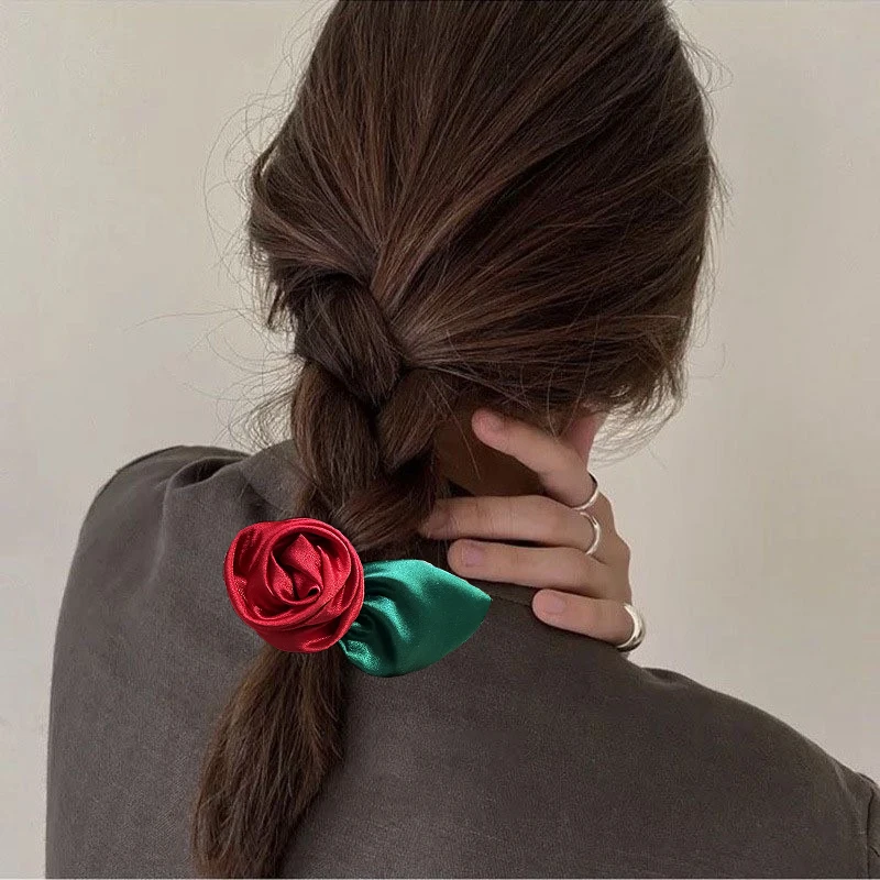 AWAYTR Satin Rose Flower Hair Rope Scrunchies Ponytail Holder Headband for Women Elastic Hair Bands Hair Accessories