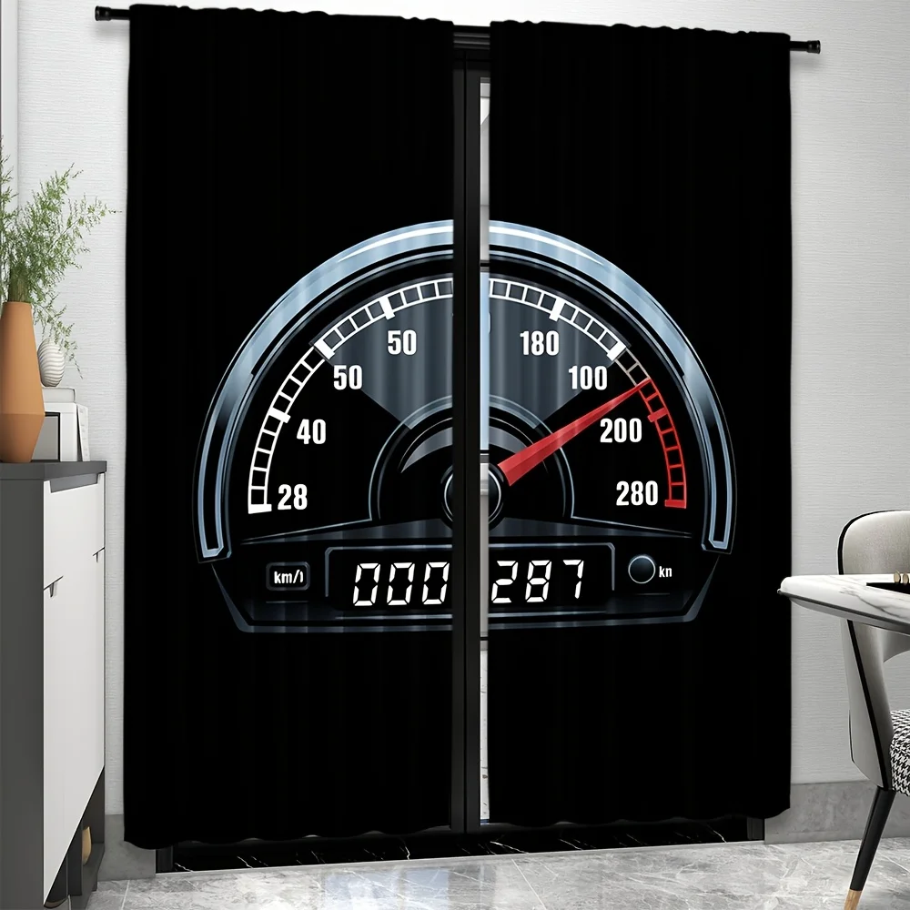 Car Speedometer Curtain Racing Dashboard Window Drape Auto Gauge Decor for Boys Room Black Background Garage Home Textile Fabric