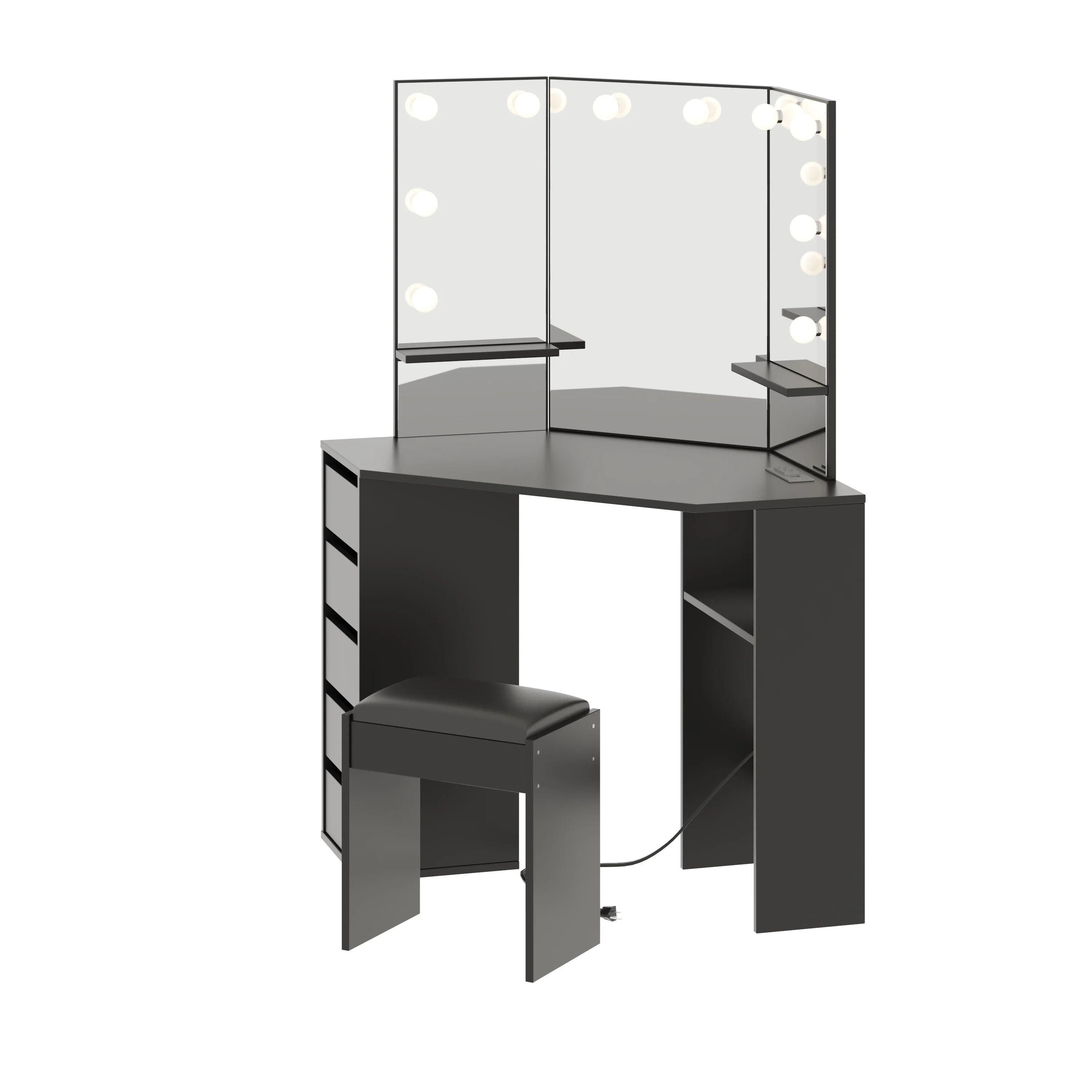 Vanity Table with 10 LED Lights, 5 Drawers and Charging Station, Vintage Makeup Dressing Table with Storage Organizer, Wooden Bedroom Vanity Desk for Room Decor, Corner Furniture for Home