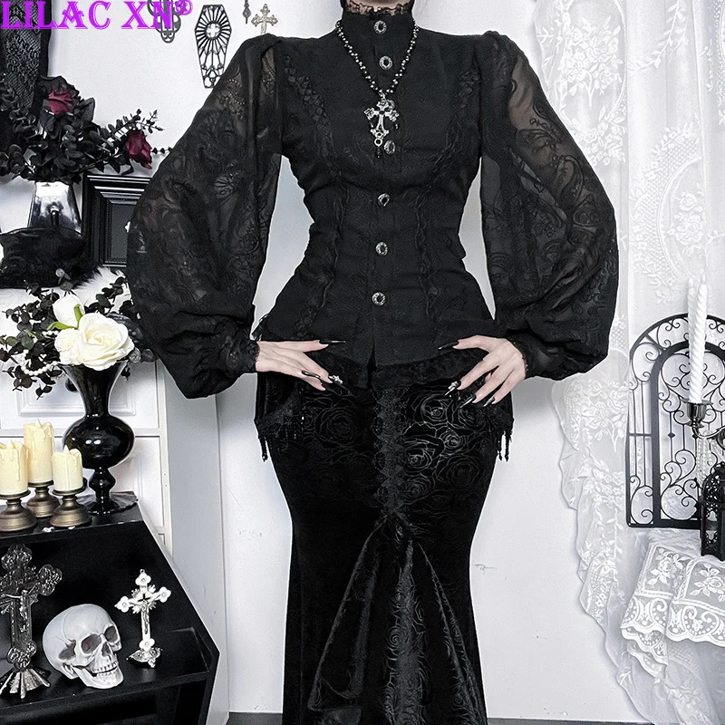 

Готическая темная жаккардовая вышивка, прозрачная блузка с длинными рукавами, футболки, винтажные элегантные эстетичные рубашки с кружевной отделкой и пуговицами