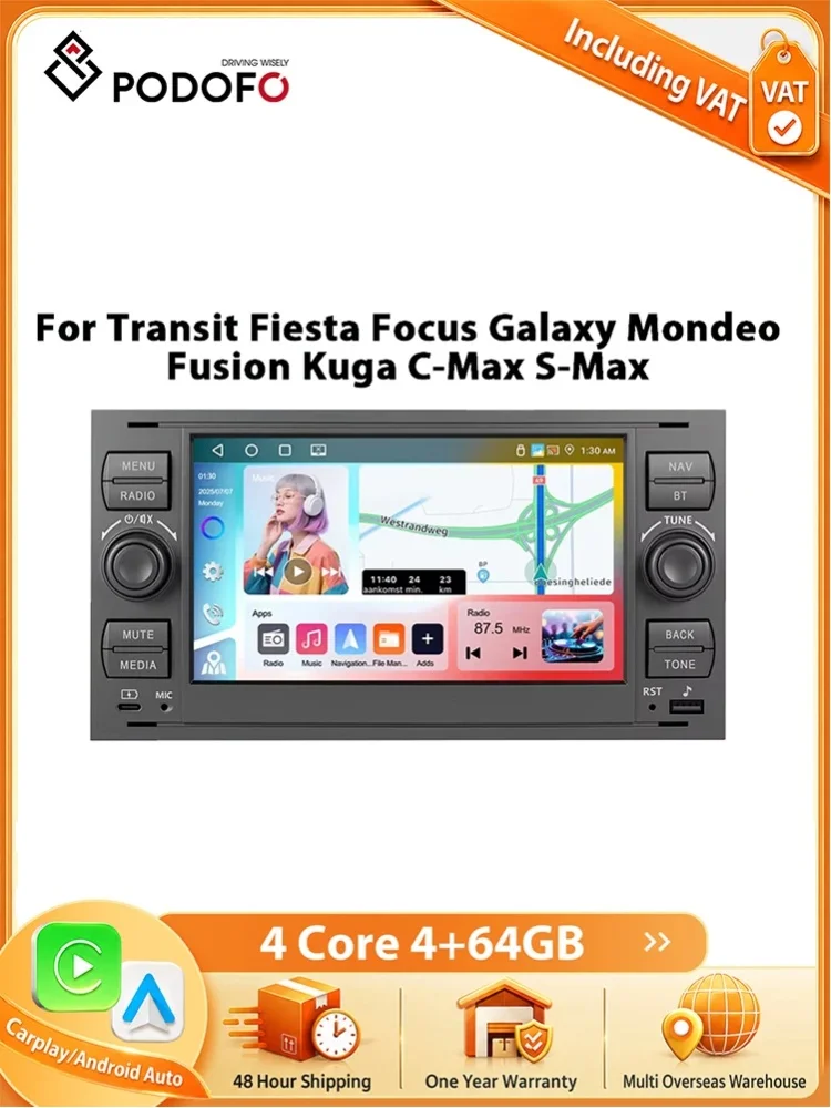 Podofo 7'' Wireless CarPlay Auto-Intelligentes-System-Player für Transit Fiesta Focus Galaxy GPS WIFI FM RDS EQ 2Din 4+64B Autoradio