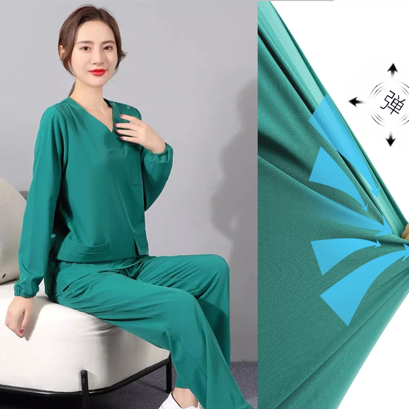 Long Sleeve Scrub Set Stretch Nurse Clothes Women Medical Uniforms High Quality Scrubs Doctor Clothing Elastic Dentist Workwear