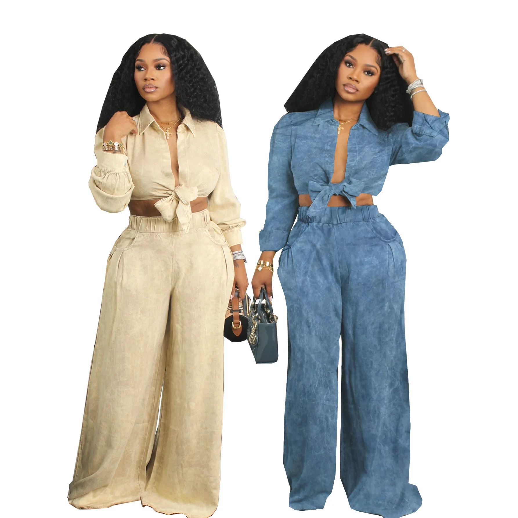 

Women'S Sets Autumn Casual Loose Long Sleeve Tie-Up Shirt And Wide Leg Pants Set Tracksuit Jogger Sets Women Two Piece Set