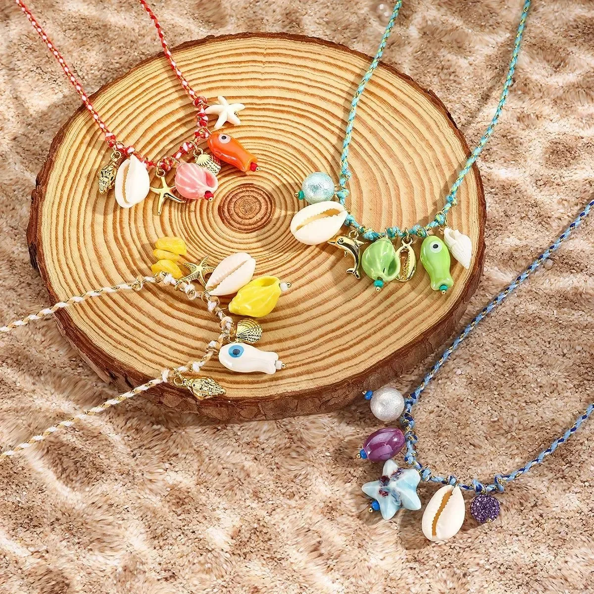 

New Charm Ceramic Cartoon Fish Pendant Necklace Irregular Gravel Colorful Braided Rope Adjustable Women's Necklace Party Jewelry