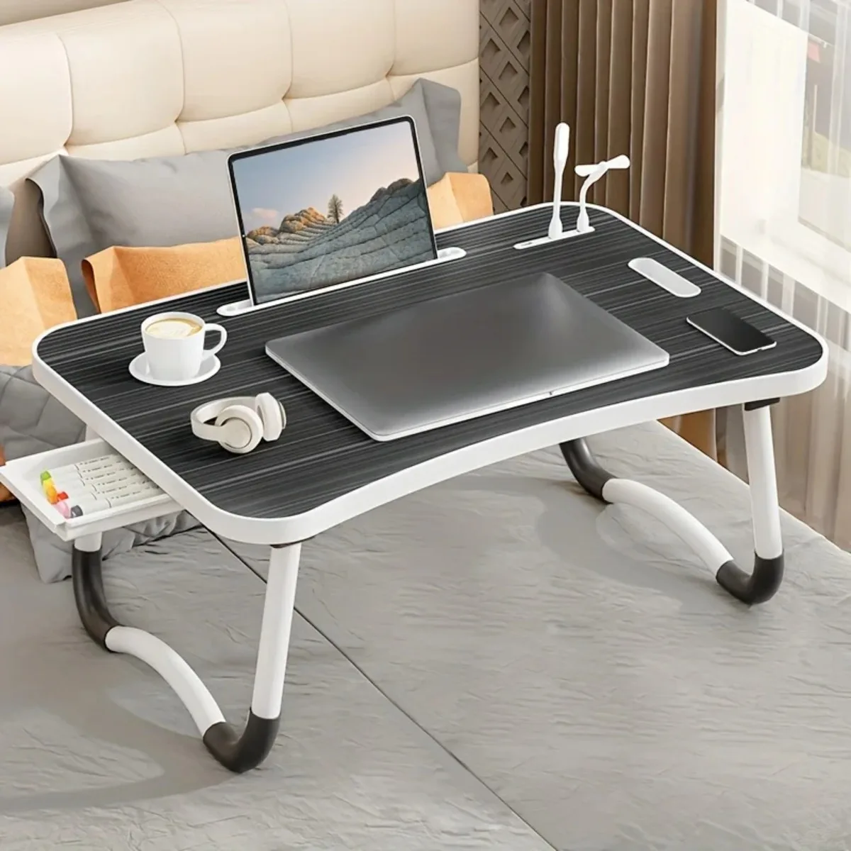 

Adjustable Foldable Bed Desk with USB Fan & LED Light, Large Laptop Table Ergonomic Portable Desk for Home Office Study