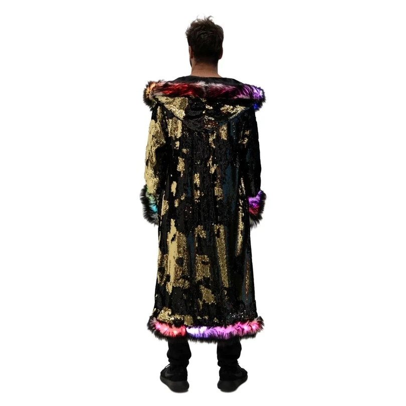 New LED Costume Faux Fur Coat Long Hooded Flash Clothes Men\'s Faux Fur Coat Burning Man Clothing