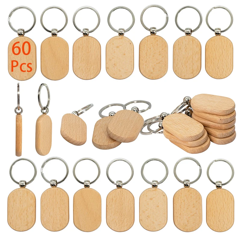 60Pcs Wood Keychain Blank Wood Key Chain Unfinished Wood Keychain Blanks for DIY Crafts