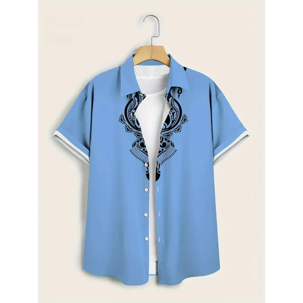 Summer Men's Tribal Totem Short Sleeve Shirt Men's Retro Fashion Oversized Button Short Sleeve T Shirt Hawaii Male Tees Tops