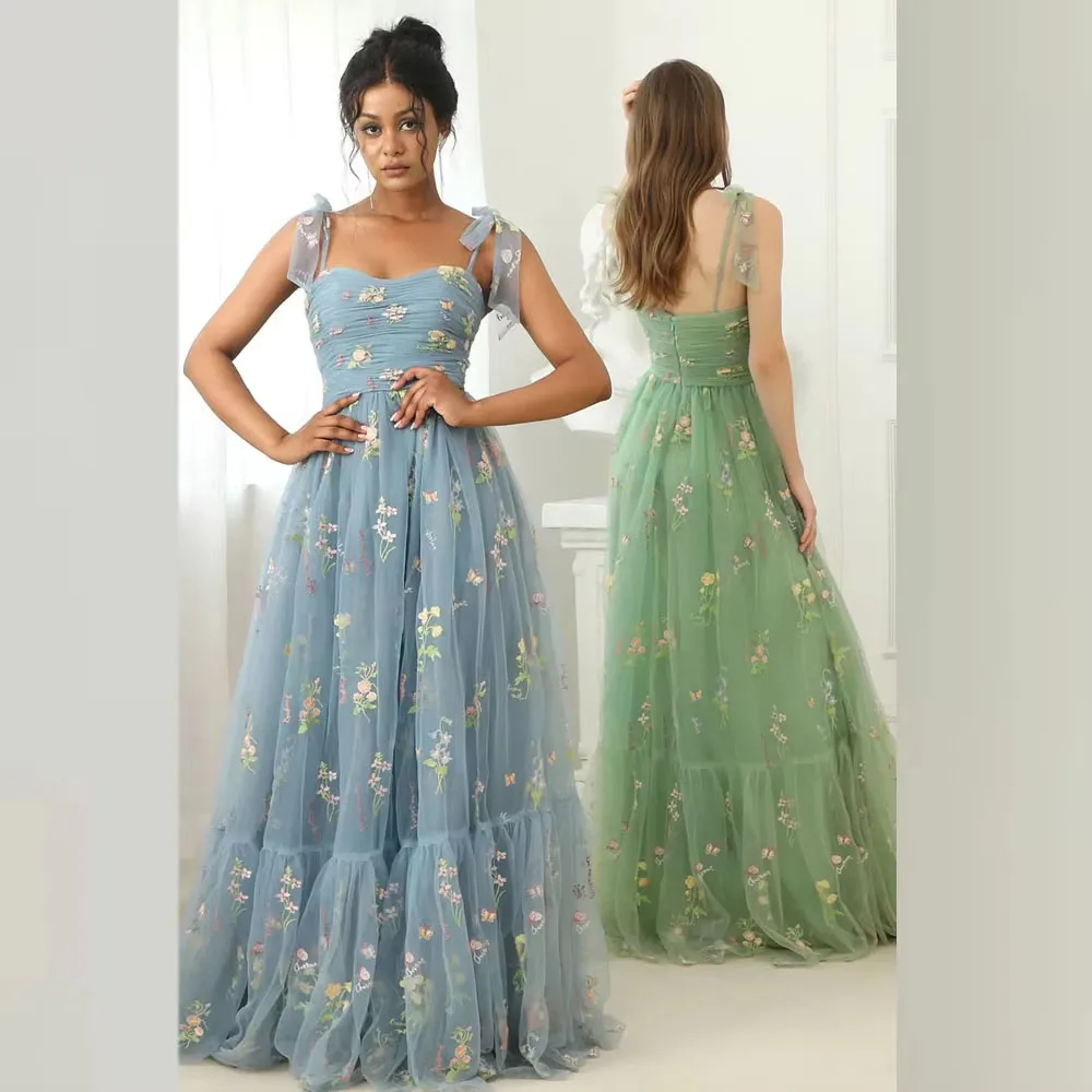 Vestido de fiesta elegante verde menta, vestido de graduación azul con correas ajustables, tul de amor brillante, largo hasta el té, vestido de fiesta de boda y graduación, nuevo