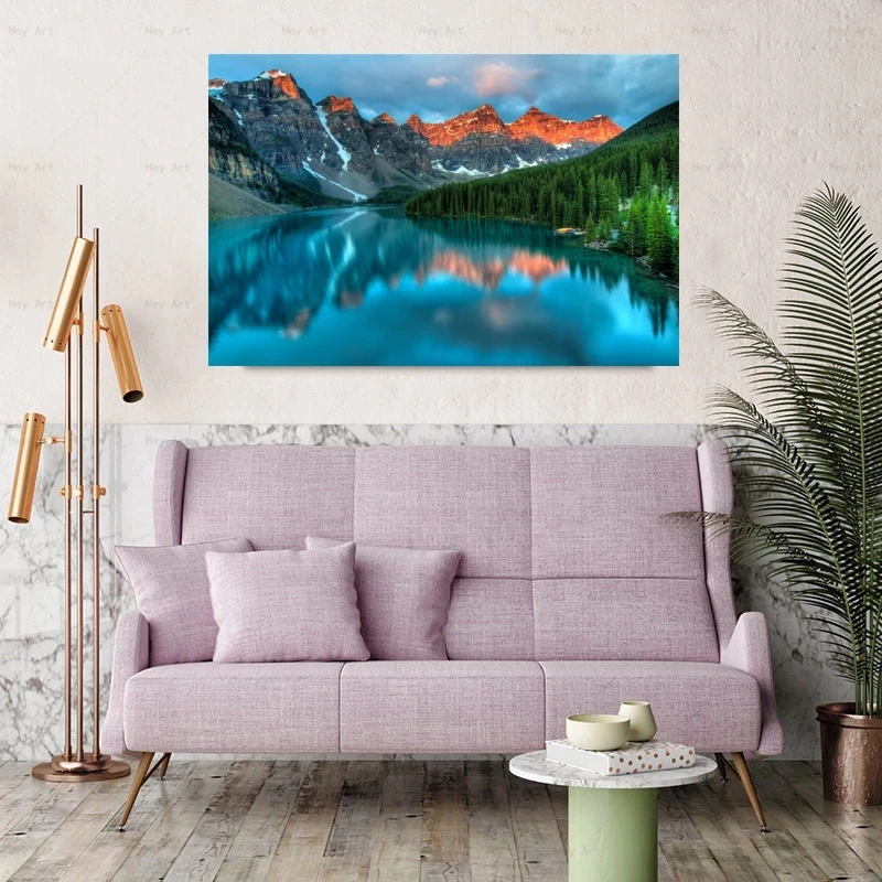 mountains and lake landscape poster, Green trees, canvas print, modern decoration, bedroom, office, studio, no border.