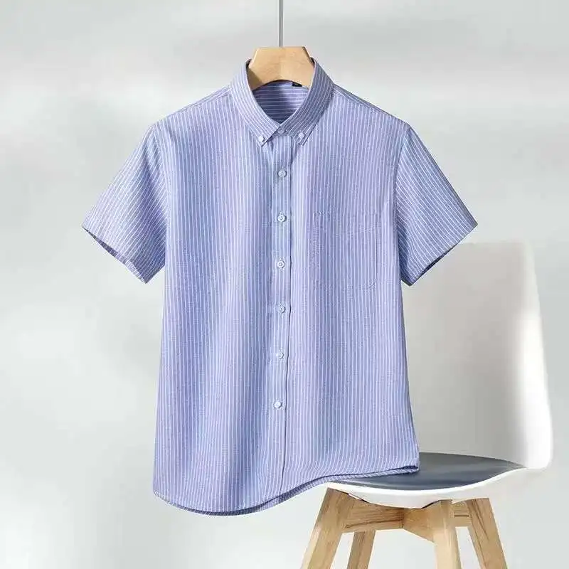 

New Men's Striped Fashion Short Sleeve 100% Cotton Oxford Plaid Business Button Down Regular Fit Office Shirt Man Clothing 5XL