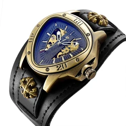 Orologio meccanico automatico di lusso marrone in pelle nera Steampunk Orologio da uomo scheletro Orologio maschile uomo Hombre Relogio Masculino