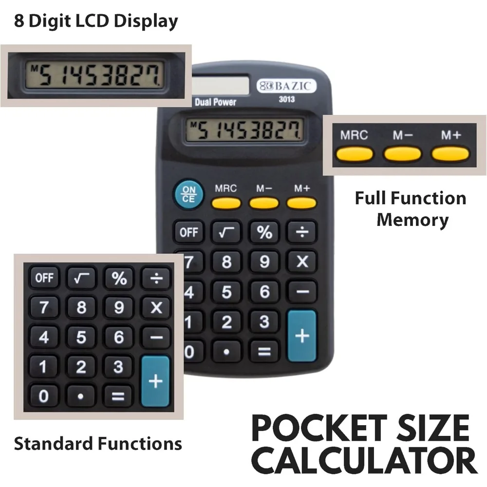 8 Cijferige Zakformaat Calculator, Dual Power Zonne-Energie En Batterij, Lcd-Display, Mini Kleine Standaard Standaard Rekenmachines, 288-Pack