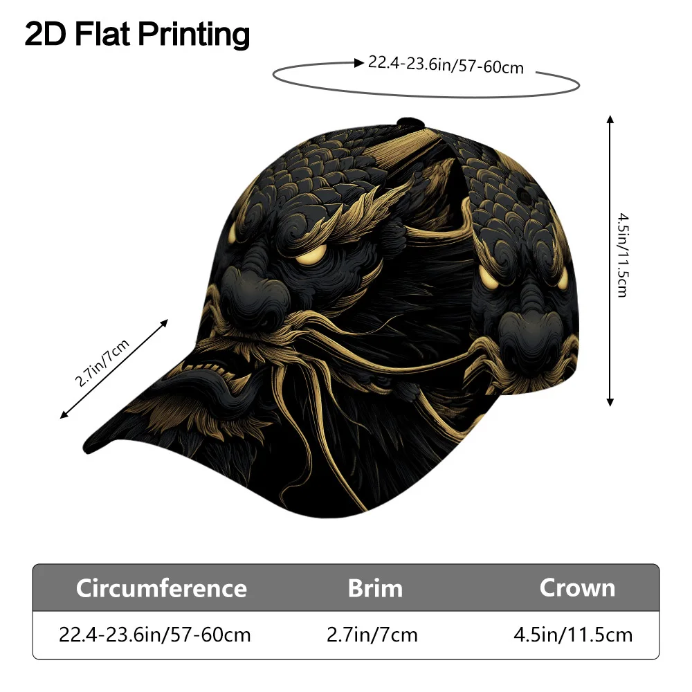 Classic Baseball Cap Featuring a 2D Flat Design of a Fierce Golden Dragon Face, Lightweight And Adjustable with a Duckbill Style