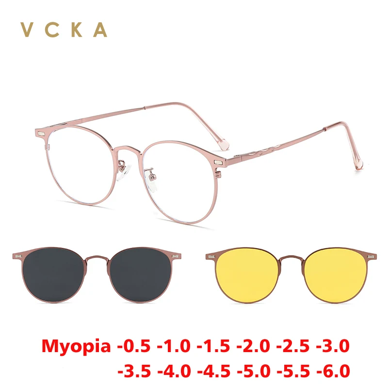 VCKA 3 in 1 Women  Round Myopia Sunglasses Men Polarized Magnetic Clips Custom Prescription Optics Glasses Frame -0.5 to -10