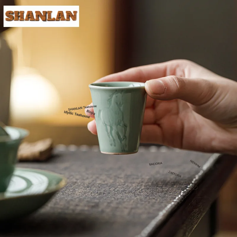35ml Yue Kiln Celadon Shadow Teacup Handmade Tea Bowl Beautiful Tea Cup Tea-tasting Smelling Cup Jianzhan Master Cups Teaset