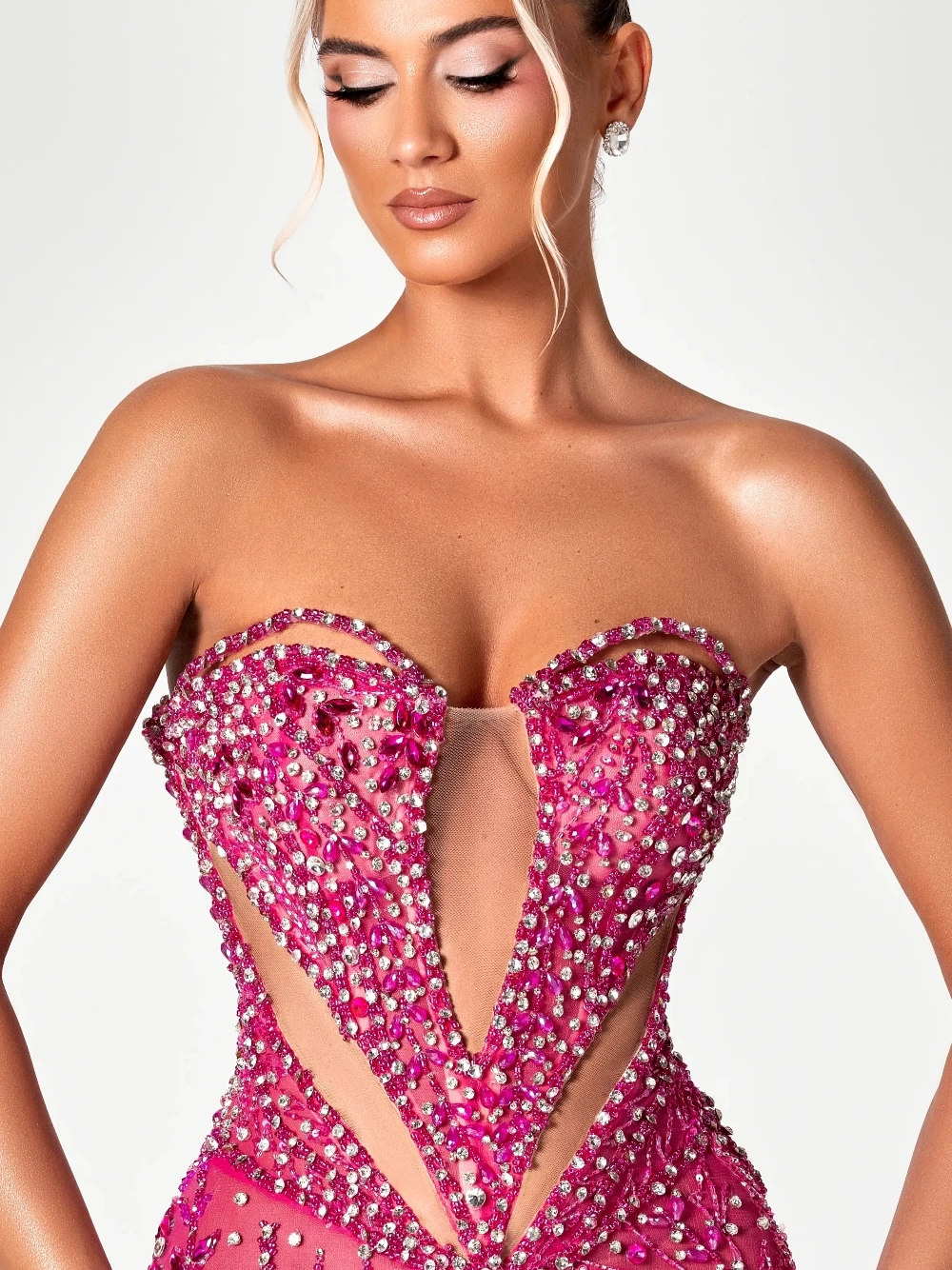 フクシアカットアウト甘いイブニングドレスイリュージョンレース - Formal Gala Wear Women のレビューと価格