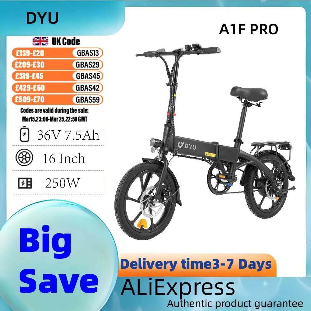 DYU A1F Pro 250W Motor City E-Bike 16 Zoll Reifen Pendler-Elektrofahrrad 36V7.5AH Akku E-Bike Faltbares Elektrofahrrad