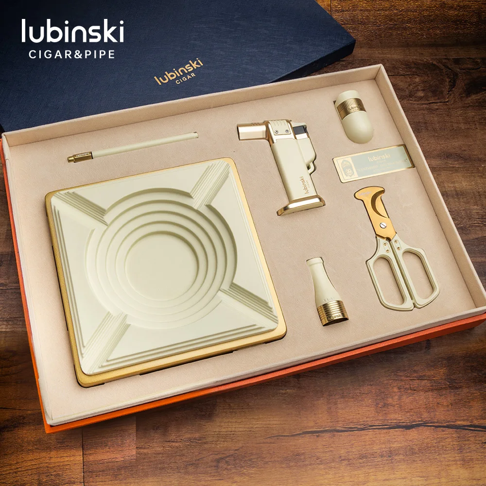 2025 LUBINSKI Ivory Snow Cigar 6-piece Set Gift Box with Lighter Needle Ashtray Scissors