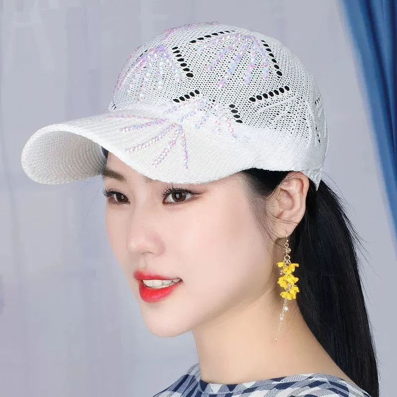 Women’s Rhinestone-embellished Baseball Cap – Summer Knitted Openwork, Versatile and Stylish Sun-protective Cap