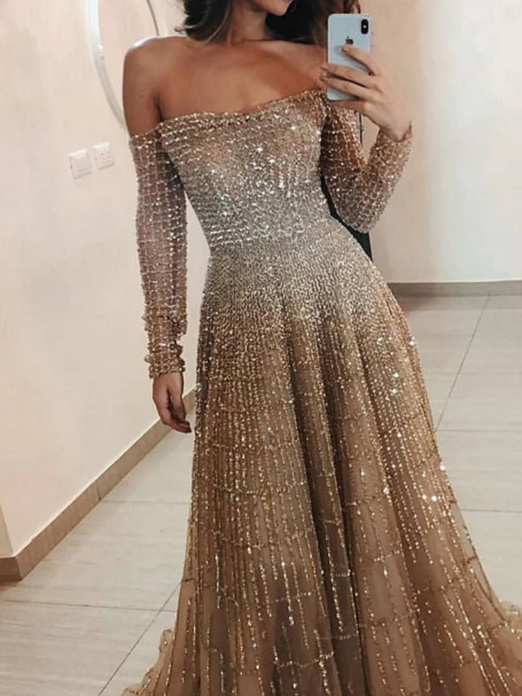 Spring New Gradient Printed Party Dress Vintage Mesh Hollow Out Sequin Dress Elegant Off Shoulder High Waist Pleat Evening Dress