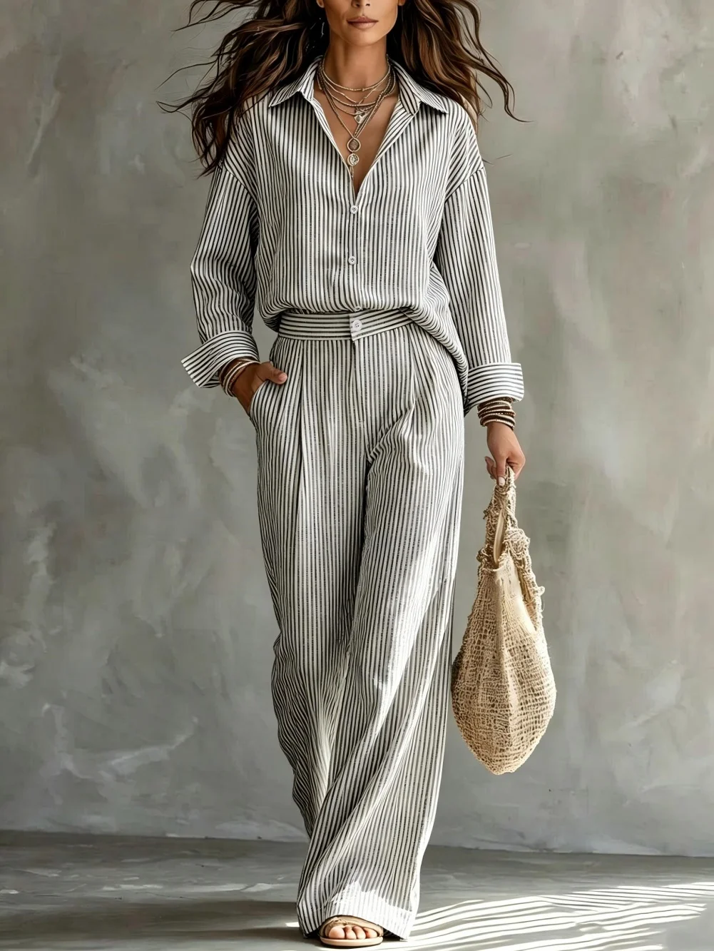 Elegantes Damen-Freizeitset mit gestreiftem Hemd und Hose, modisches Tweed-Look-Outfit für Frauen – Detail 1