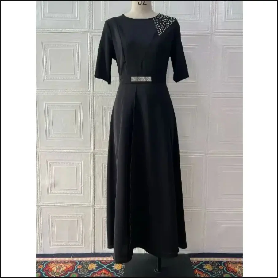 

Elegant Women Dress Sequin New 2025 Spring Round Neck Temperament New Slim Fit Nail Bead Long Dresses Short Sleeved Long Skirt