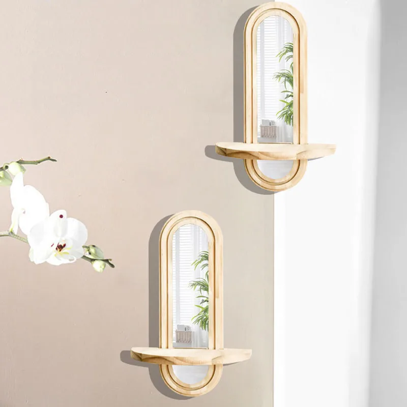 Creative Styling Solid Wood Wall Storage Rack Handicraft Living Room Study Home Decoration Minimalist Solid Wood Hanging Mirror