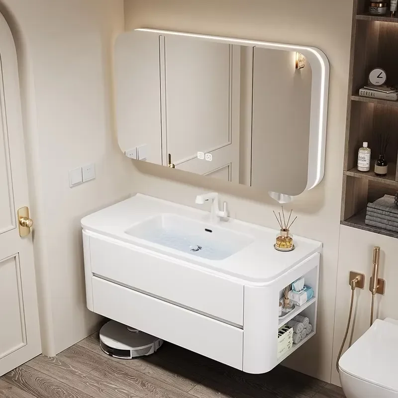 Modern Cream Oak Ceramic Corner Bathroom Cabinet Waterproof Aluminum Integrated Washstand Toilet Side Storage Unit Luxury