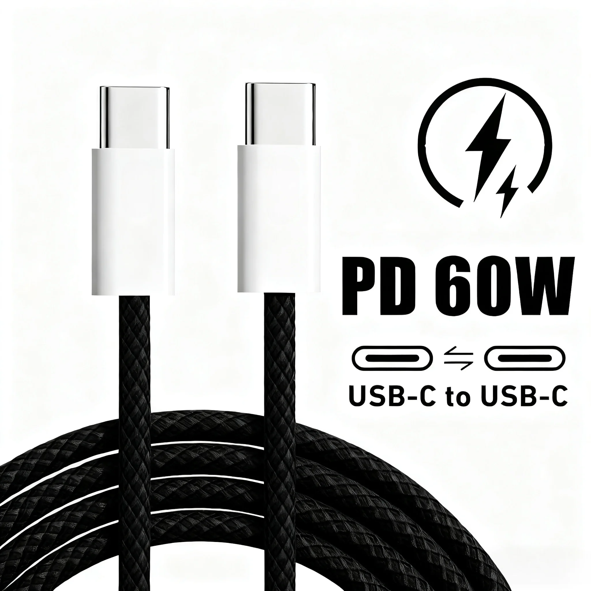60W USB-C to Type-C Fast Charging Cable For iPhone 15 16 Plus 17 Pro Max Samsung Xiaomi Redmi Huawei Honor Nylon Braided Cables