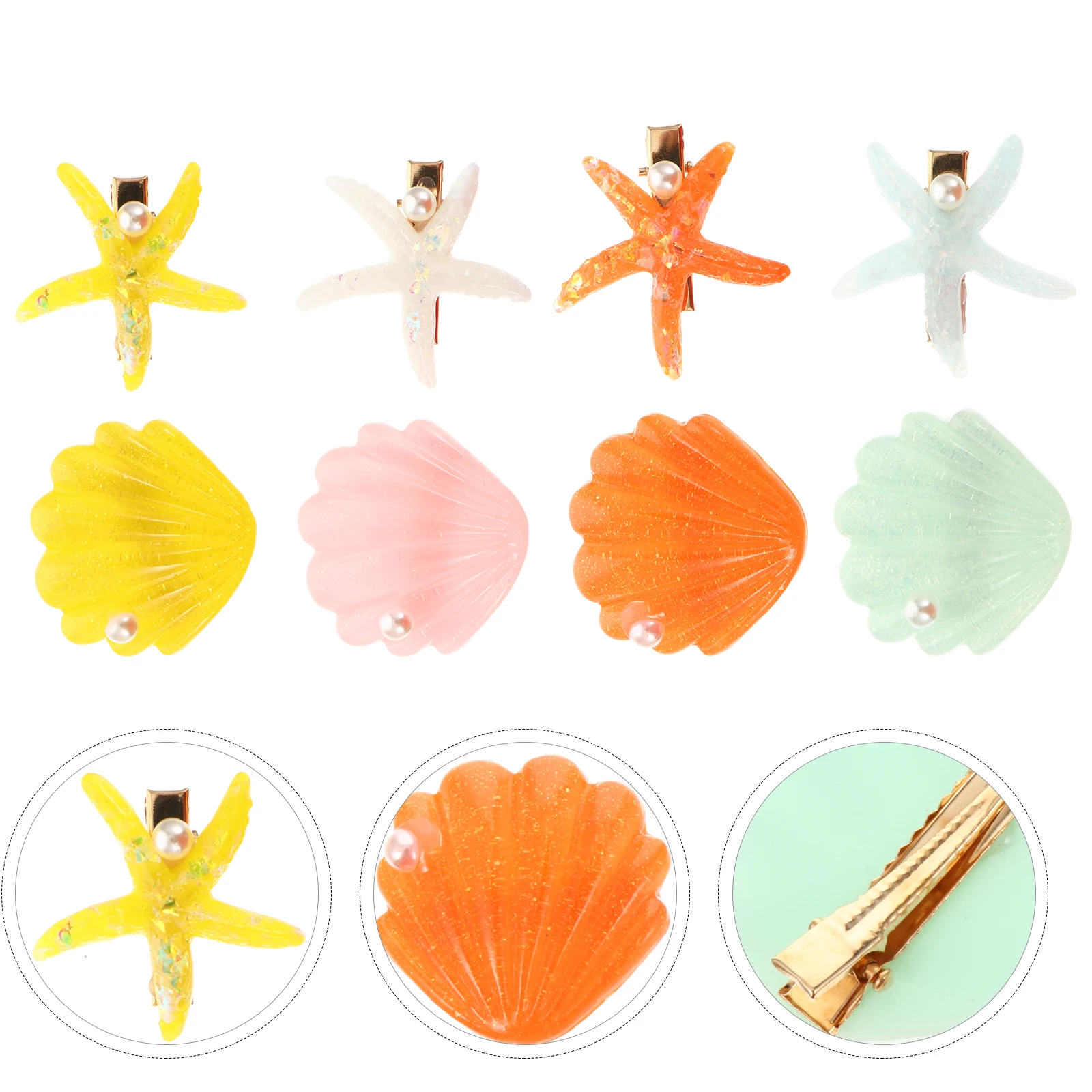 

4 Pairs Shell Hair Clip Acrylic Alloy Lightweight Girls Hairpin Accessories Pearl Faux Shell Beach Party Celebration