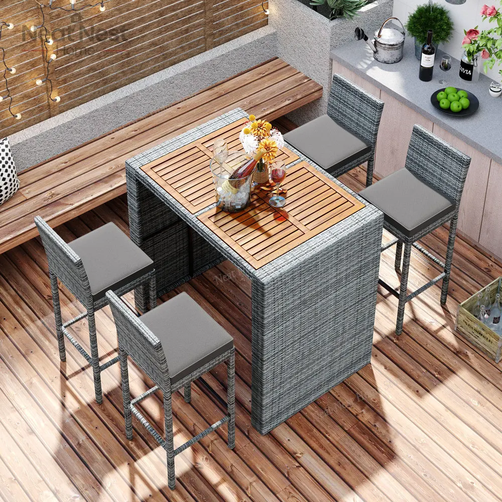

5-Pieces Outdoor Patio Wicker Bar Set, Outside Bar with 4 Chairs Set for Backyard High Top Patio Table and Chairs with Removable