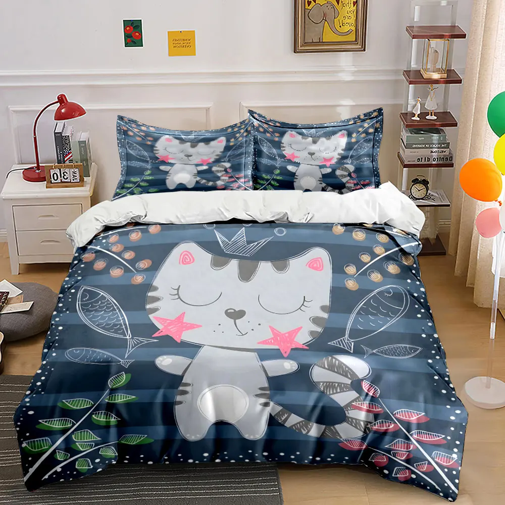 Cartoon cat with ocean elements Print Soft Comfortable Duvet Cover Bedding Set Included 1*Duvet Cover  2*Pillowcases