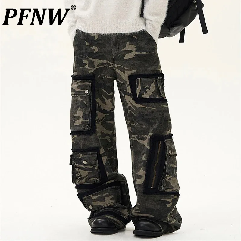 

PFNW Patch Design Camouflage Cargo Wide Leg Pants Men American High Street Multi Pocket Worn-ourt Washed Trousers Chic 28W4901