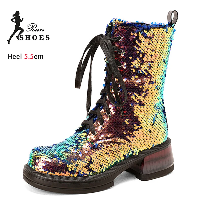 

Блестящие женские ботильоны для ночного клуба, короткие ботильоны на шнуровке с золотыми пайетками, блестящая обувь для вечеринок, женские мотоциклетные ботинки на массивном каблуке