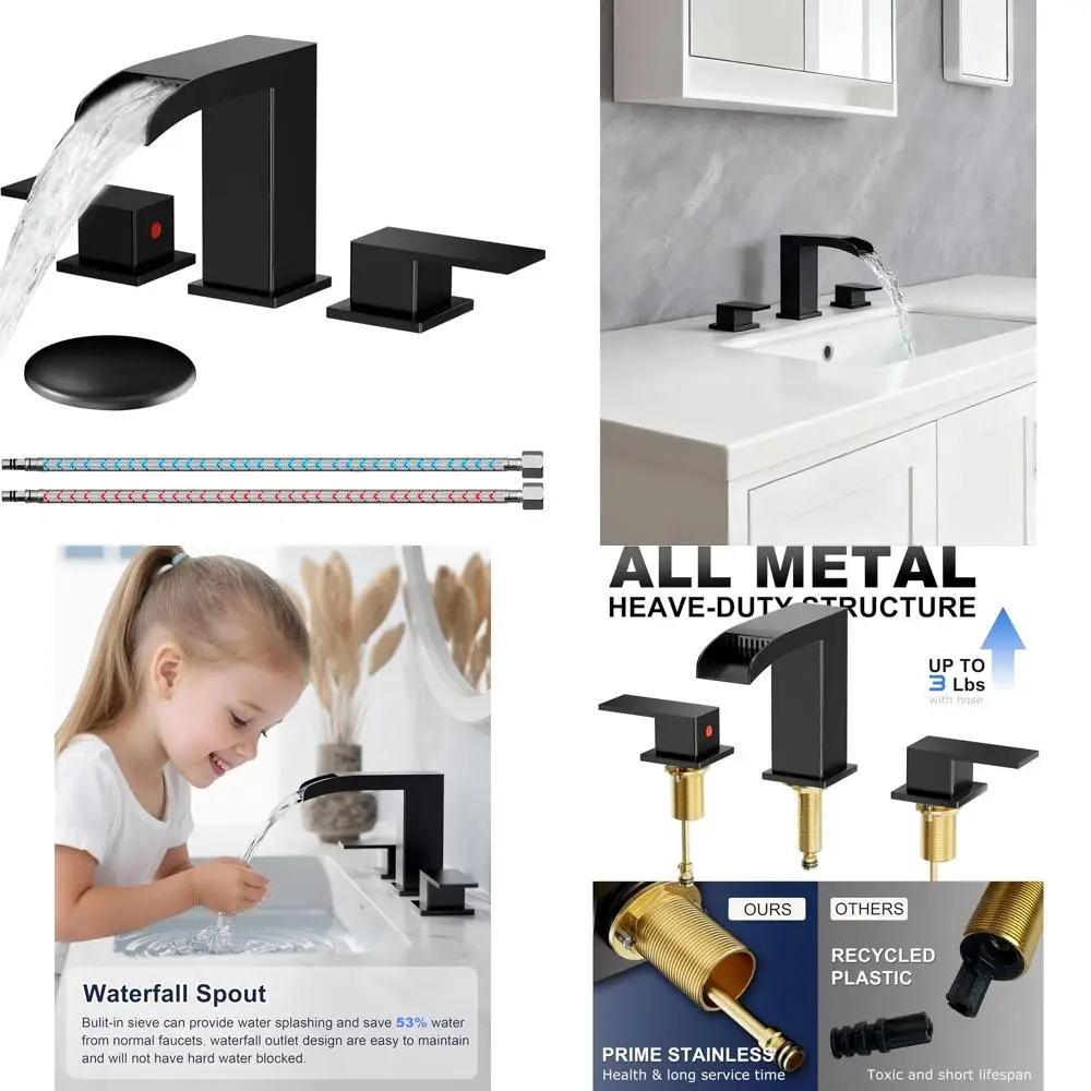 

8 Matte Black Widespread 3-Hole Waterfall Faucet with Pop-Up Drain and Supply Lines for Bathroom Vanity and Lavatory