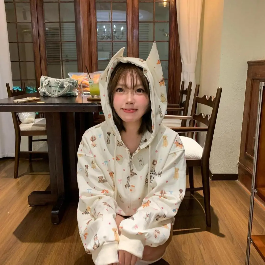 Chaquetas con capucha y cremallera Harajuku, sudaderas de gran tamaño, abrigos coreanos Y2K, lindo cachorro, perro, estampado completo, Tops de dibujos animados, dulce estilo Preppy