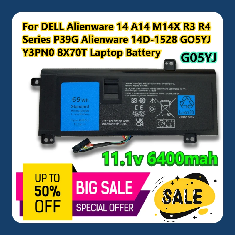 

For DELL Alienware 14 A14 M14X R3 R4 Series P39G Alienware 14D-1528 GO5YJ Y3PN0 8X70T 69WH G05YJ Laptop Battery