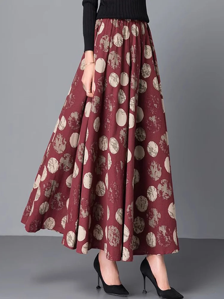 New Women Cotton Linen Print Skirt Spring Autumn Fashion Elastic High Waist A-line Loose Floral Skirt Vintage Casual Skirt